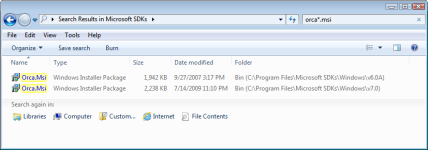 Windows Explorer Fenster mit Orca MSI Paketen